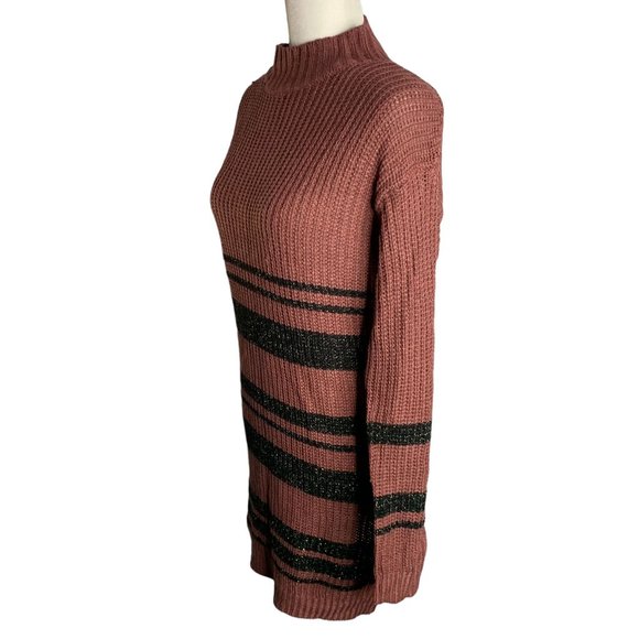 Love Change Mock Neck Sweater Dress M Maroon Knit Long Sleeve Metallic Stripe - Picture 3 of 6